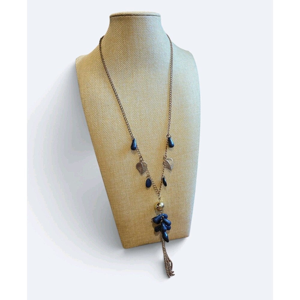 Boho Gold Navy Blue Teardrop Leaf Lariat Tassel Statement Necklace Long Chain